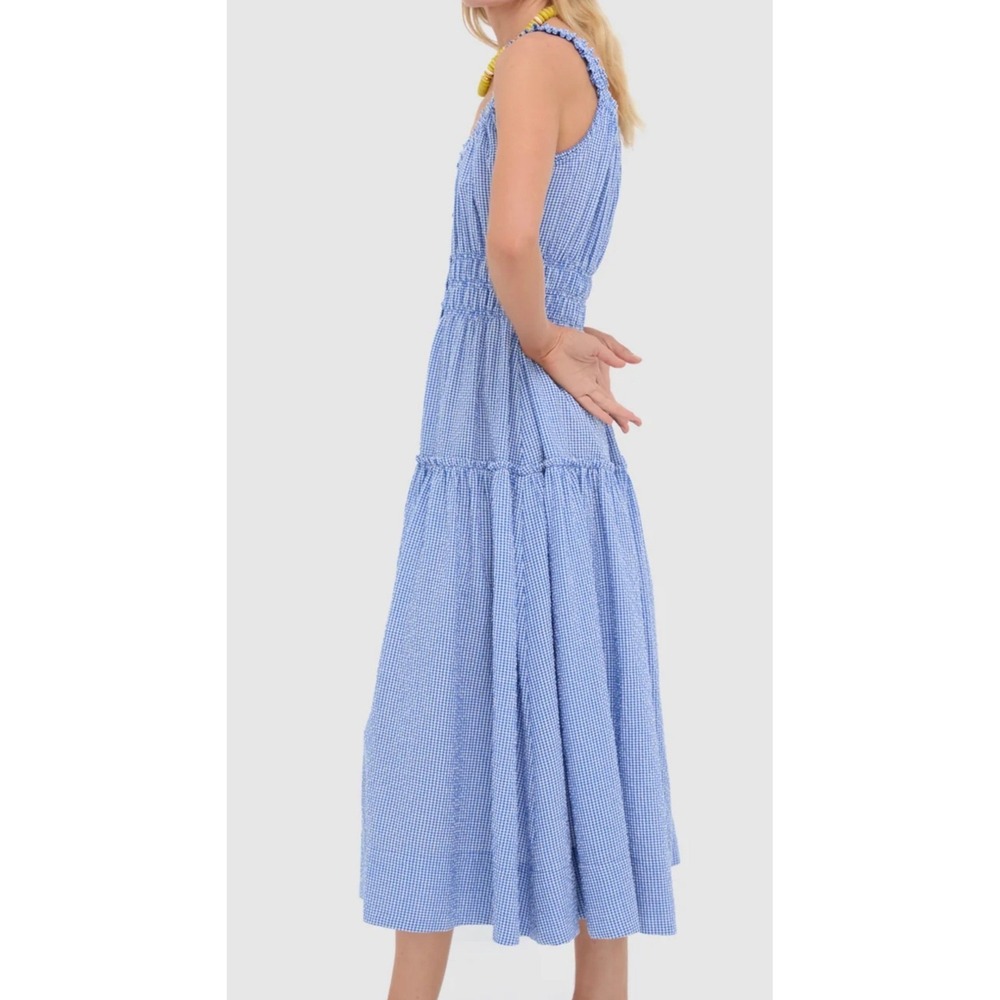 Tuckernuck Landis Maxi Dress Womens M Blue Gingham Seersucker Smocked Tiered - Picture 12 of 12